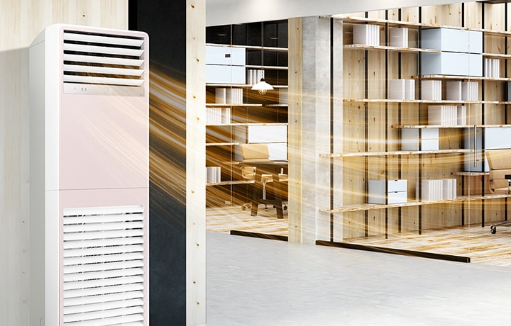 회의실이 보여지는 공간에 좌측벽에 상업용 중대형 냉난방 에어컨이 보이며 따뜻한 바람이 나오는듯한 형상이 보여지고 우측엔 유리문과 유리 벽으로된 회의실 및 사무실에 보여집니다. 