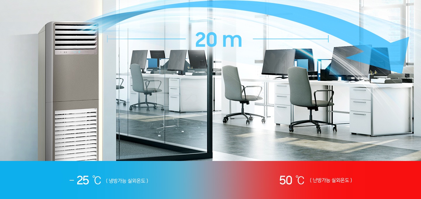 사무실로 보여지는 공간에 흰책상에 컴퓨터가 전부 놓여져 있으며 총 8개의 책상과 의자가 보여집니다. 복도쪽에 상업용 중대형 냉난방 에어컨이 작동중이며 에어컨에서 20m 까지 바람이 가는듯한 형상과 문구가 보여집니다. 하단 좌측엔 파란색으로 50도 냉방기능 실외 온도 , 우측엔 -25도 난방기능 실외 온도 문구가 함께 보여집니다. 