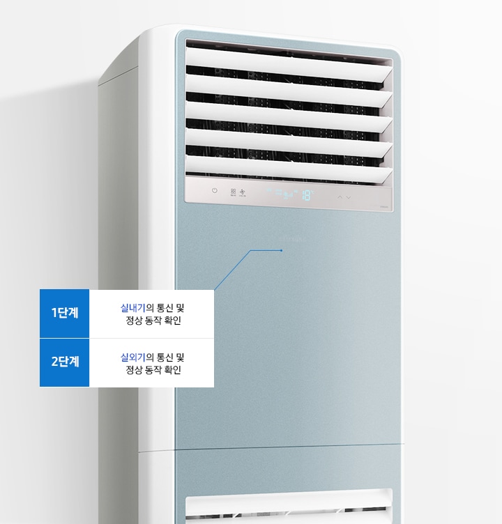 에어컨 상단부 우측 13도 전원이 켜져있는 모습이 보여지며 에어컨 1단계 실내의 통신 및 정상 동작 확인, 2단계 실외기의 통신 및 정상 동작 확인 문구가 보여집니다.  