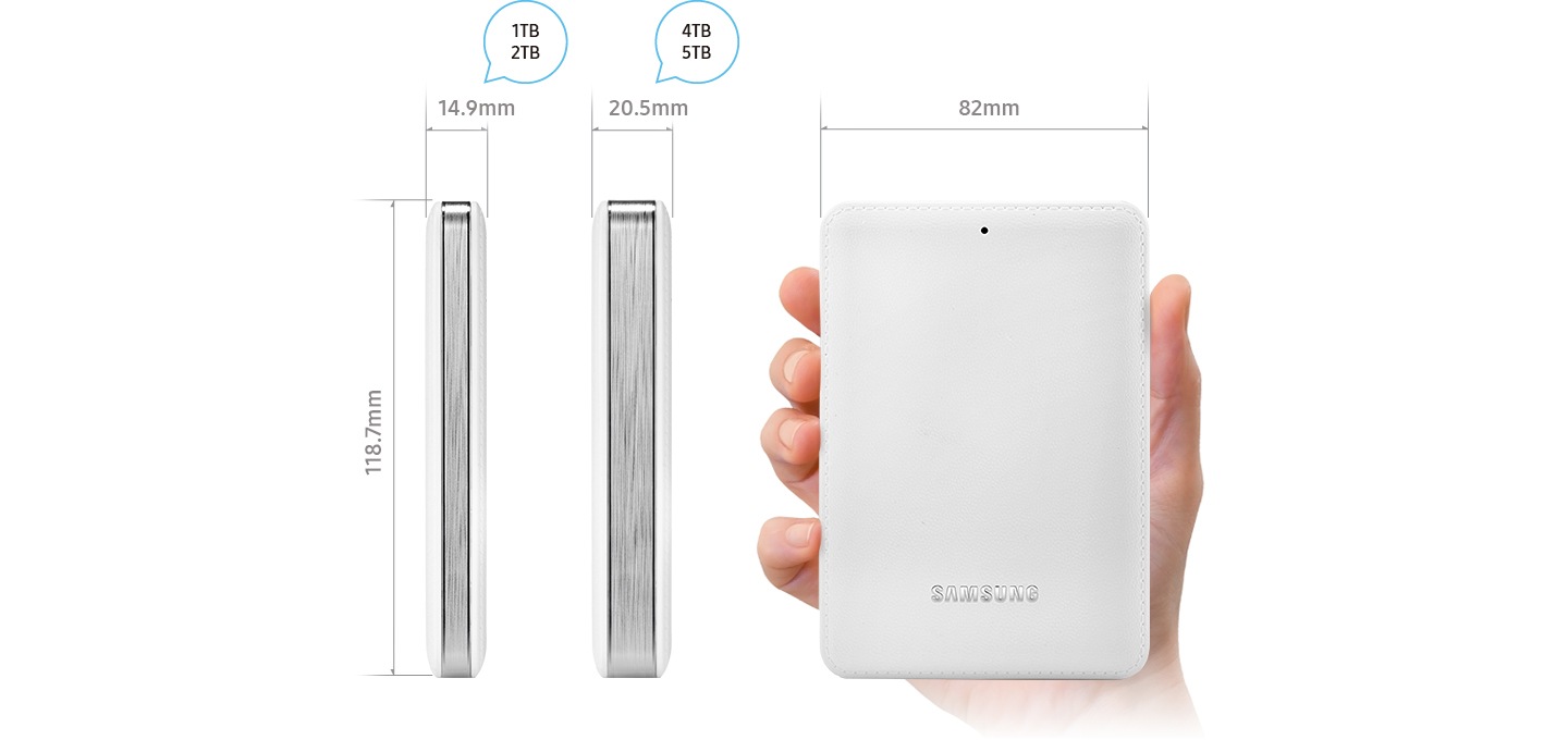 J3 사이즈를 보여주고 있습니다. 4 TB, 3 TB, 2 TB 용량은 두께가 20.5mm, 가로 82 mm 세로 118.7 mm,  1 TB 용량은 두께가 14.9 mm, 가로 82 mm 세로 118.7 mm, 입니다.