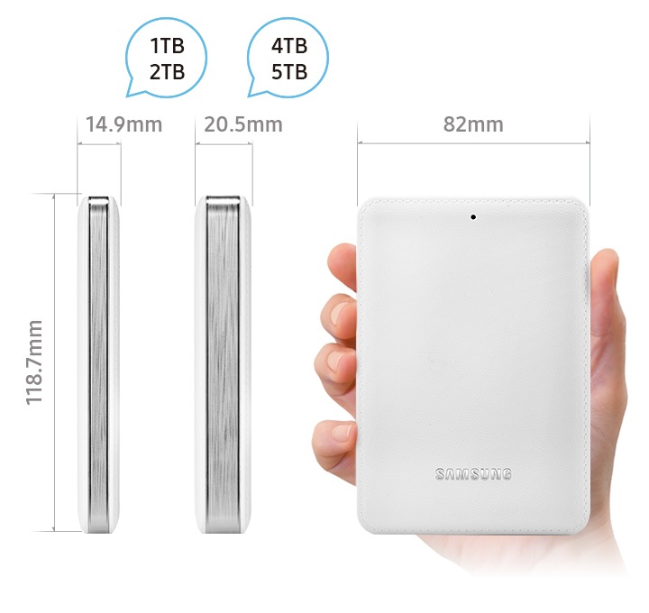 J3 사이즈를 보여주고 있습니다. 4 TB, 3 TB, 2 TB 용량은 두께가 20.5mm, 가로 82 mm 세로 118.7 mm,  1 TB 용량은 두께가 14.9 mm, 가로 82 mm 세로 118.7 mm, 입니다.