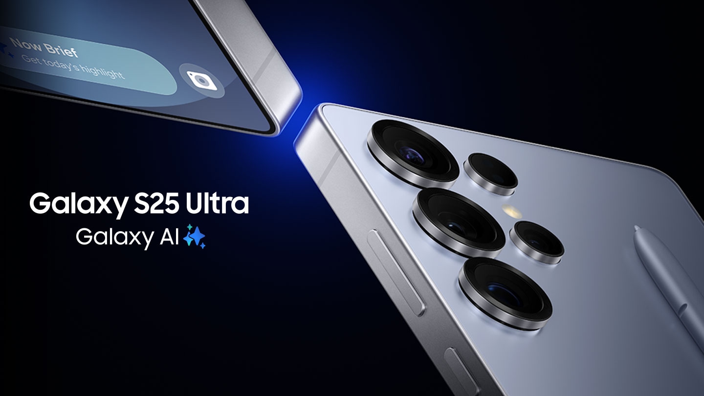 Galaxy S25 Ultra 2대의 꼭짓점이 위아래로 맞닿아있으며, 맞닿은 부분에서 푸른 빛이 나오는,   이미지를 클릭하면 Galaxy S25 Ultra 제품 상세 페이지로 이동합니다.