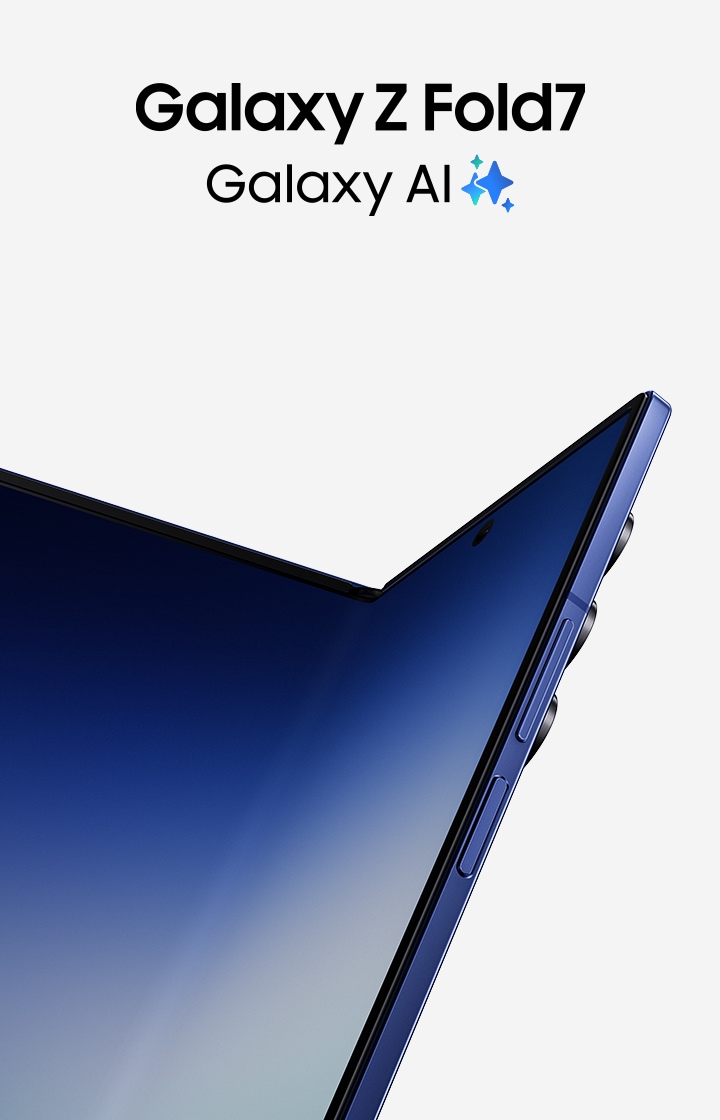 펼쳐져 있는 갤럭시 Z 폴드7과 함께 오른쪽에 Galaxy Z Fold7 타이틀과 Galaxy AI 로고가 보인다, 이미지를 클릭하면 갤럭시 Z 폴드7 구매페이지로 인동한다.