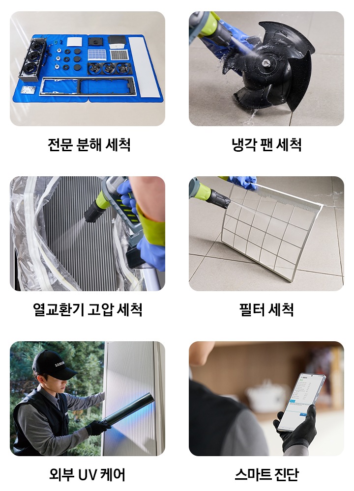 삼성케어플러스 에어컨 전문세척 과정 순서를 설명하는 이미지입니다. 에어컨 상태 점검 및 파손 확인을 나타내는 이미지와 텍스트가 보여집니다. 에어컨 제품 분해를 나타내는 이미지와 텍스트가 보여집니다. 에어컨 열교환기 세척 모습의 이미지와 텍스트가 보여집니다. 에어컨 기구물 세척 모습의 이미지와 텍스트가 보여집니다. 스팀살균 및 건조 모습의 이미지와 텍스트가 보여집니다. UV살균 이미지와 텍스트가 보여집니다. 제품 조립 및 외부 클리닝 모습의 이미지와 텍스트가 보여집니다. 사후 관리 안내 모습의 이미지와 텍스트가 보여집니다.