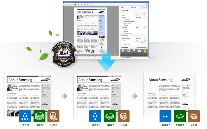 BLI로고와 Easy Eco Driver의 3가지 기능으로 인쇄한 출력물을 보여주고 있습니다.