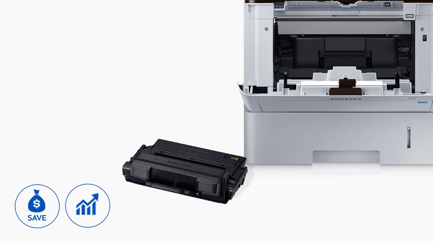 토너 공급함이 열여 있으며, 토너 카트리지와 비용감소, 생상성 증가 아이콘이 표시되어 있습니다.