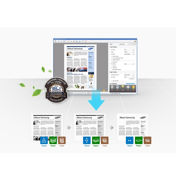 BLI로고와 Easy Eco Driver의 3가지 기능으로 인쇄한 출력물을 보여주고 있습니다.