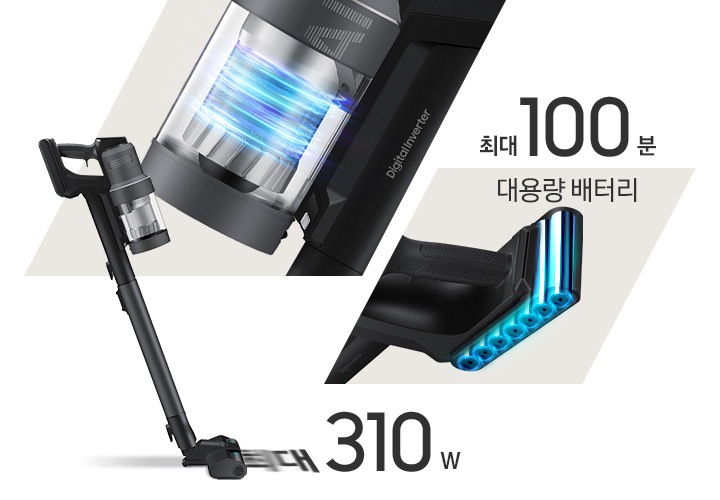 왼쪽에는 Bespoke 제트 310W 스틱이 왼쪽 방향으로 흡입 중인 완 측면이 보이고 흡입구 안으로 최대 310W라는 글자가 빨려 들어가는 모습이 보입니다. 청소기 오른쪽으로는 제트의 먼지통 부분이 크게 확대되어 보이고 내부에는 파란색 선으로 회전 중인 흡입력이 표현되어 있습니다. 오른쪽에는 배터리 부분이 확대되어 보이고 배터리 내부의 구조가 파란색으로 표현되어 보입니다. 배터리 위쪽으로는 대용량 배터리라는 문구와 그 위 최대 100분이라는 문구가 적혀 있습니다.