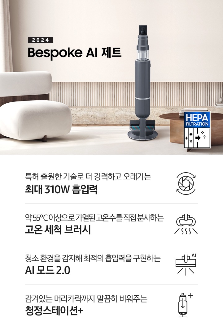 화이트톤의 거실 전경 가운데 Bespoke 제트 310W가 서 있습니다. 왼쪽에는 등받이 부분이 나무로 되어있는 밝은 베이지 톤의 패브릭 소파 1인용이 놓여 있습니다. 벽면에는 우드 컬러의 템바 보드가 벽면 하단 반쯤 연결되어 붙어 있고 그 아래 대리석 테이블이 길게 놓여 있습니다. 청소기 오른쪽에는 원목 원형 테이블이 있고 그 위에 잡지 몇 권이 올려져 있습니다. 테이블 오른쪽으로는 왼쪽에 있는 소파와 동일한 컬러와 동일한 소재의 반 곡선 모양의 소파가 길게 놓여 있습니다. 오른쪽 위로는 원형과 긴 타원형 오브제가 연결된 태의 전등이 보입니다. 바닥에는 소파와 동일한 컬러감의 러그가 크게 깔려 있고 이미지 오른쪽 하단에는 헤파필터 아이콘이 있습니다. 하단 제품 특장점으로는 청소기 내부 모터가 회전하는 아이콘과 함께 특허 출원한 기술로 더 강력하고 오래가는 최대310W 흡입력, 고온수 세척 브러시가 고온수를 분사하는 아이콘과 함께 약 55℃ 이상으로 가열된 고온수를 직접 분사하는 고온수 세척 브러시, 브러시가 AI로 흡입력을 변경하는 아이콘과 함께 청소 환경을 감지해 최적의 흡입력을 구현하는 AI 모드 2.0, 청정 스테이션 아이콘과 함께 감겨있는 머리카락까지 말끔히 비워주는 청정 스테이션 + 라는 문구가 적혀 있습니다.
