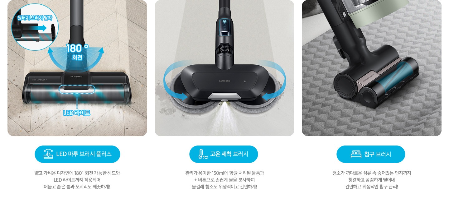 왼쪽부터 Bespoke 제트의 전용 브러시가 각 각의 네모 칸 안에 나열되어 있습니다.  가장 첫 번째는 헤링 본 패턴 마루 위 부스러기를 청소 중인 LED 마루 브러시 플러스가 확대되어 보입니다. 브러시의 가장 가운데 LED 라이트는 on 상태로 파란색 점선으로 LED 라이트 위치 표시와 문구가 함께 적혀 있습니다. 브러시와 스틱을 연결하는 부분에는 180˚ 회전 글자와 함께 움직임이 가능하다는 표현을 파란색 화살표를 통해 보여주고 있습니다. 브러시 칸 왼쪽 상단에는 원형으로 내부 융 브러시 탈착 방법을 확대하여 보여주고 있고, 원터치 브러시 탈착이라는 문구와 함께 브러시 탈착 방향을 파란색 화살표로 보여주고 있습니다. 브러시 칸 아래에는 파란색 바탕 위에 LED 마루 브러시 아이콘과 LED 마루 브러시 플러스 문구가 적혀 있습니다. 그 아래 얇고 가벼운 디자인에 180˚ 회전 가능한 헤드와 LED 라이트까지 적용되어 어둡고 좁은 틈과 모서리도 깨끗하게!라는 설명 이 적혀 있습니다. 두 번째 박스에는 회색의 바닥 위를 청소 중인 고온 세척 브러시가 보입니다. 청소기가 지나 온 영역은 진한 회색으로 표현되어 있고 최전 중인 좌, 우 브러시의 방향은 파란색 화살표를 통해 보여주고 있습니다. 브러시 가장 앞쪽 가운데에서 가열된 고온수가 분사 중인 모습이 함께 보입니다. 브러시 칸 아래에는 파란색 바탕 위에 고온을 표현하는 온도계 아이콘과 고온 세척 브러시 문구가 적여 있습니다. 그 아래 관리가 용이 간 150 ml에 항균 처리된 물통과 + 버튼으로 손쉽게 물을 분사하여 물걸레 청소고 위생적이고 간편하게!라는 설명이 적혀 있습니다. 세 번째 박스에는 회색 삼각 무늬 침구 위를 청소 중인 침구 브러시 가 확대되어 보입니다. 브러시 회전 방향은 파란색 화살표로 표시되어 있습니다. 브러시 칸 아래에는 파란색 바탕 위에 침대 모양의 아이콘과 침구 브러시가 적혀 있습니다. 그 아래 청소가 까다로운 섬유 속 숨어있는 먼지까지 청결하고 꼼꼼하게 털어내 간편하고 위생적인 침구 관리!라는 설명이 적혀 있습니다.