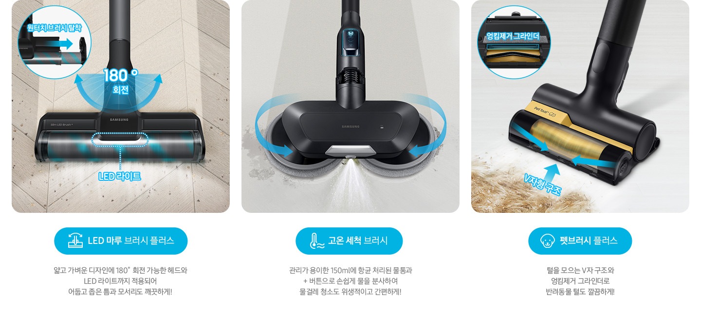 왼쪽부터 Bespoke 제트의 전용 브러시가 각 각의 네모 칸 안에 나열되어 있습니다.  가장 첫 번째는 헤링 본 패턴 마루 위 부스러기를 청소 중인 LED 마루 브러시 플러스가 확대되어 보입니다. 브러시의 가장 가운데 LED 라이트는 on 상태로 파란색 점선으로 LED 라이트 위치 표시와 문구가 함께 적혀 있습니다. 브러시와 스틱을 연결하는 부분에는 180˚ 회전 글자와 함께 움직임이 가능하다는 표현을 파란색 화살표를 통해 보여주고 있습니다. 브러시 칸 왼쪽 상단에는 원형으로 내부 융 브러시 탈착 방법을 확대하여 보여주고 있고, 원터치 브러시 탈착이라는 문구와 함께 브러시 탈착 방향을 파란색 화살표로 보여주고 있습니다. 브러시 칸 아래에는 파란색 바탕 위에 LED 마루 브러시 아이콘과 LED 마루 브러시 플러스 문구가 적혀 있습니다. 그 아래 얇고 가벼운 디자인에 180˚ 회전 가능한 헤드와 LED 라이트까지 적용되어 어둡고 좁은 틈과 모서리도 깨끗하게!라는 설명 이 적혀 있습니다. 두 번째 박스에는 회색의 바닥 위를 청소 중인 고온 세척 브러시가 보입니다. 청소기가 지나 온 영역은 진한 회색으로 표현되어 있고 최전 중인 좌, 우 브러시의 방향은 파란색 화살표를 통해 보여주고 있습니다. 브러시 가장 앞쪽 가운데에서 가열된 고온수가 분사 중인 모습이 함께 보입니다. 브러시 칸 아래에는 파란색 바탕 위에 고온을 표현하는 온도계 아이콘과 고온 세척 브러시 문구가 적여 있습니다. 그 아래 관리가 용이 간 150 ml에 항균 처리된 물통과 + 버튼으로 손쉽게 물을 분사하여 물걸레 청소고 위생적이고 간편하게!라는 설명이 적혀 있습니다. 세 번째 박스에는 펫 털을 흡입 중인 펫 브러시 플러스가 확대되어 보입니다. 브러시 앞 쪽으로는 펫 털이 있고 회전 중인 펫 브러시 플러스 앞쪽으로 엉킴 없이 흡입이 가능한 V자형 구조 문구와 함께 파란색 화살표로 브러시 구조를 알려주고 있습니다. 박스 왼쪽 상단에는 원형 칸 안에 브러시 하단 엉킴 제거 그라인더를 확대하여 보여주고 있습니다. 브러시 칸 아래에는 파란색 바탕 위에 강아지 아이콘과 펫 브러시 플러스 문구가 적혀 있습니다. 그 아래 털을 모으는 V자 구조와 엉킴 제거 그라인더로 반려동물 털도 깔끔하게!라는 설명이 적혀 있습니다.