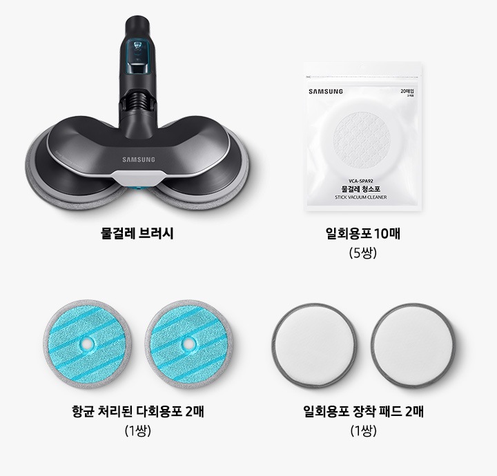 물걸레 브러시, 항균 처리된 다회용포 2매, 일회용포 장착 패드 2매, 일회용포 10매가 구성품으로 들어있습니다.
