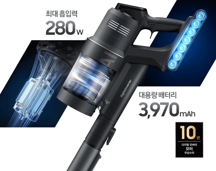 좌측엔 특허 출원한 제트의 모터가 강력하게 흡입하고 있는 모습이 보이고 가운데에는 Bespoke AI 제트 청소기의 완측면이 보이며, 먼지통 안이 파란 불빛을 보이며 회전 중인 모습이 보입니다. 오른쪽으로는 성능이 좋아진 배터리 안으로 에너지가 회전 되는 모습이 파란색 불빛으로 보여집니다.  이미지 모서리 부분에는 디지털 인버터 모터 10년보증로고가 반영되어 있습니다.