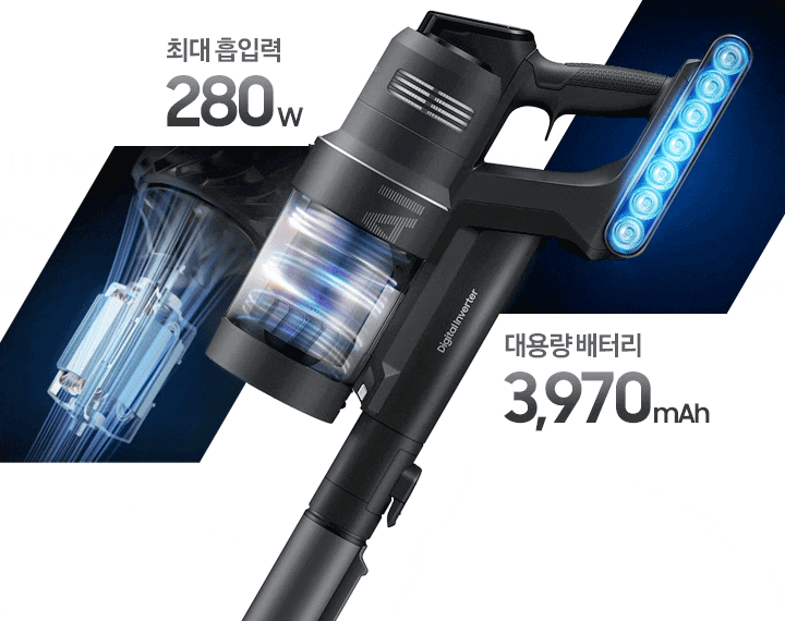 좌측엔 특허 출원한 제트의 모터가 강력하게 흡입하고 있는 모습이 보이고 가운데에는 Bespoke AI 제트 청소기의 완측면이 보이며, 먼지통 안이 파란 불빛을 보이며 회전 중인 모습이 보입니다. 오른쪽으로는 성능이 좋아진 배터리 안으로 에너지가 회전 되는 모습이 파란색 불빛으로 보여집니다.