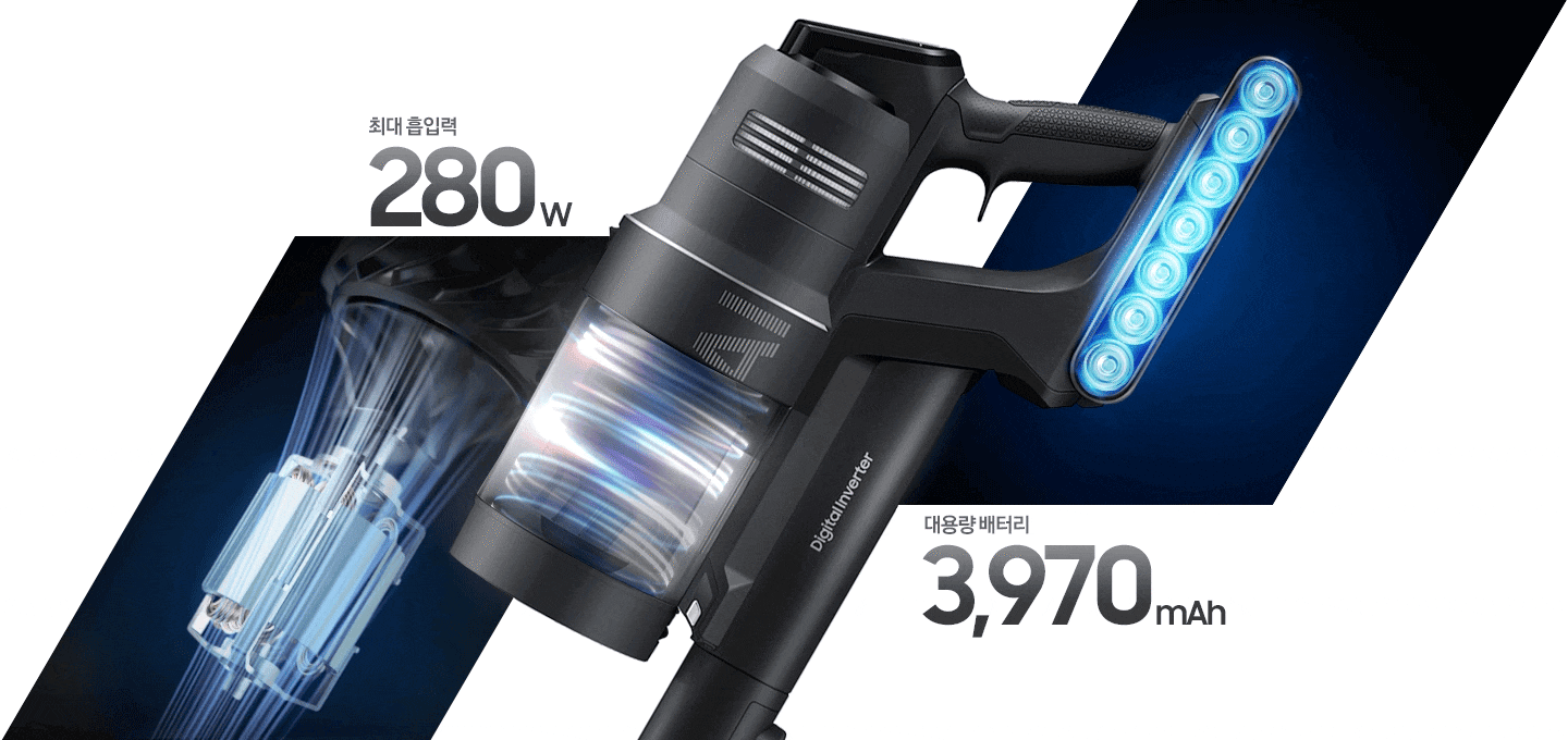 좌측엔 특허 출원한 제트의 모터가 강력하게 흡입하고 있는 모습이 보이고 가운데에는 Bespoke AI 제트 청소기의 완측면이 보이며, 먼지통 안이 파란 불빛을 보이며 회전 중인 모습이 보입니다. 오른쪽으로는 성능이 좋아진 배터리 안으로 에너지가 회전 되는 모습이 파란색 불빛으로 보여집니다.