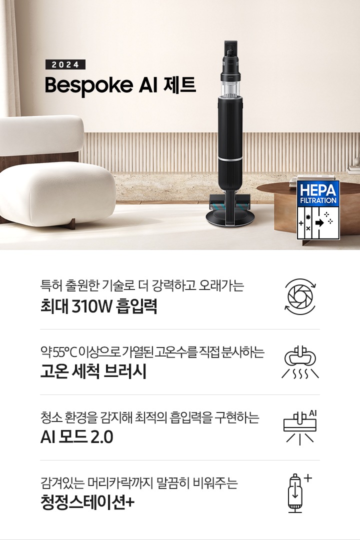 화이트톤의 거실 전경 가운데 Bespoke AI 제트 310W가 서 있습니다. 왼쪽에는 등받이 부분이 나무로 되어있는 밝은 베이지 톤의 패브릭 소파 1인용이 놓여 있습니다. 벽면에는 우드 컬러의 템바 보드가 벽면 하단 반쯤 연결되어 붙어 있고 그 아래 대리석 테이블이 길게 놓여 있습니다. 청소기 오른쪽에는 원목 원형 테이블이 있고 그 위에 잡지 몇 권이 올려져 있습니다. 테이블 오른쪽으로는 왼쪽에 있는 소파와 동일한 컬러와 동일한 소재의 반 곡선 모양의 소파가 길게 놓여 있습니다. 오른쪽 위로는 원형과 긴 타원형 오브제가 연결된 태의 전등이 있습니다. 바닥에는 소파와 동일한 컬러감의 러그가 크게 깔려 있고 이미지 오른쪽 하단에는  헤파필터 아이콘이 있습니다. 하단 제품 특장점으로는 청소기 내부 모터가 회전하는 아이콘과 함께 특허 출원한 기술로 더 강력하고 오래가는 최대310W 흡입력, 고온수 세척 브러시가 고온수를 분사하는 아이콘과 함께 약 55℃ 이상으로 가열된 고온수를 직접 분사하는 고온수 세척 브러시, 브러시가 AI로 흡입력을 변경하는 아이콘과 함께 청소 환경을 감지해 최적의 흡입력을 구현하는 AI 모드 2.0, 청정 스테이션 아이콘과 함께 감겨있는 머리카락까지 말끔히 비워주는 청정 스테이션 + 라는 문구가 적혀 있습니다.