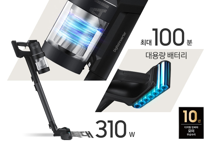 왼쪽에는 Bespoke AI 제트 310W 스틱이 왼쪽 방향으로 흡입 중인 완 측면이 보이고 흡입구 안으로 최대 310W라는 글자가 빨려 들어가는 모습이 보입니다. 청소기 오른쪽으로는 제트의 먼지통 부분이 크게 확대되어 보이고 내부에는 파란색 선으로 회전 중인 흡입력이 표현되어 있습니다. 먼지통 하래 쪽에는 세계 최고 흡입력이라는 문구가 적혀 있습니다. 오른쪽에는 배터리 부분이 확대되어 보이고 배터리 내부의 구조가 파란색으로 표현되어 보입니다. 배터리 위쪽으로는 대용량 배터리라는 문구와 그 위 최대 100분이라는 문구가 적혀 있습니다. 이미지 모서리 부분에는 디지털 인버터 모터 10년보증로고가 반영되어 있습니다.