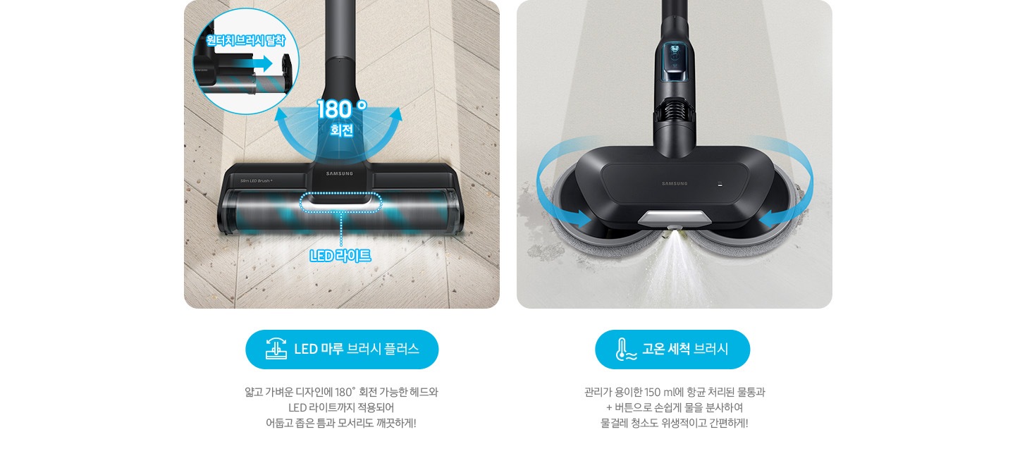 왼쪽부터 Bespoke 제트의 전용 브러시가 각 각의 네모 칸 안에 나열되어 있습니다.  가장 첫 번째는 헤링 본 패턴 마루 위 부스러기를 청소 중인 LED 마루 브러시 플러스가 확대되어 보입니다. 브러시의 가장 가운데 LED 라이트는 on 상태로 파란색 점선으로 LED 라이트 위치 표시와 문구가 함께 적혀 있습니다. 브러시와 스틱을 연결하는 부분에는 180˚ 회전 글자와 함께 움직임이 가능하다는 표현을 파란색 화살표를 통해 보여주고 있습니다. 브러시 칸 왼쪽 상단에는 원형으로 내부 융 브러시 탈착 방법을 확대하여 보여주고 있고, 원터치 브러시 탈착이라는 문구와 함께 브러시 탈착 방향을 파란색 화살표로 보여주고 있습니다. 브러시 칸 아래에는 파란색 바탕 위에 LED 마루 브러시 아이콘과 LED 마루 브러시 플러스 문구가 적혀 있습니다. 그 아래 얇고 가벼운 디자인에 180˚ 회전 가능한 헤드와 LED 라이트까지 적용되어 어둡고 좁은 틈과 모서리도 깨끗하게!라는 설명 이 적혀 있습니다. 두 번째 박스에는 회색의 바닥 위를 청소 중인 고온 세척 브러시가 보입니다. 청소기가 지나 온 영역은 진한 회색으로 표현되어 있고 최전 중인 좌, 우 브러시의 방향은 파란색 화살표를 통해 보여주고 있습니다. 브러시 가장 앞쪽 가운데에서 가열된 고온수가 분사 중인 모습이 함께 보입니다. 브러시 칸 아래에는 파란색 바탕 위에 고온을 표현하는 온도계 아이콘과 고온 세척 브러시 문구가 적여 있습니다. 그 아래 관리가 용이 간 150 ml에 항균 처리된 물통과 + 버튼으로 손쉽게 물을 분사하여 물걸레 청소고 위생적이고 간편하게!라는 설명이 적혀 있습니다.