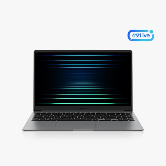 초록색 선으로된 화면이 보이는 갤럭시 북5 제품이 중앙에 놓인 이미지