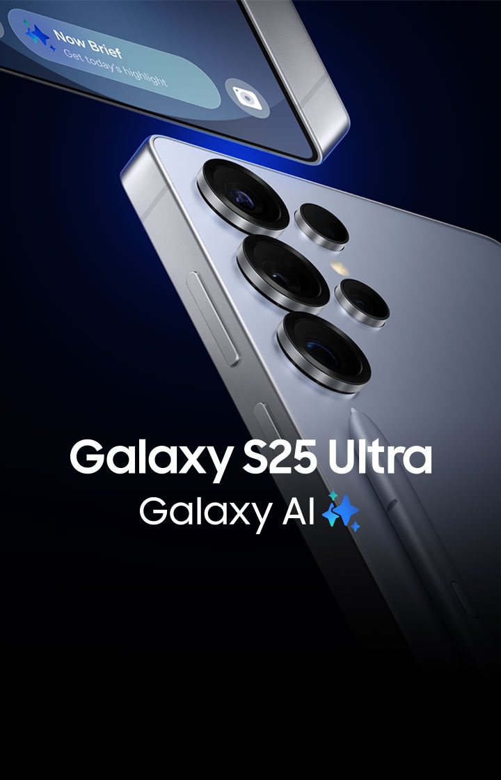 Galaxy S25 Ultra 2대의 꼭짓점이 위아래로 맞닿아있으며, 맞닿은 부분에서 푸른 빛이 나오는,   이미지를 클릭하면 Galaxy S25 Ultra 제품 상세 페이지로 이동합니다.