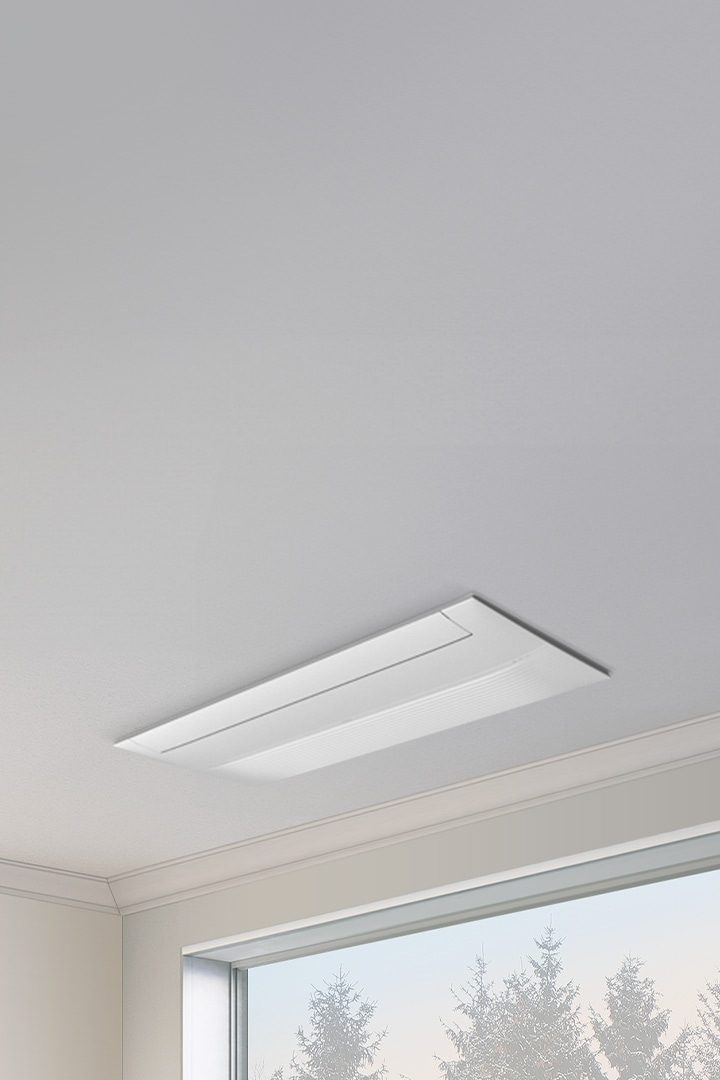 천장에 Infinite Line 무풍 시스템에어컨이 설치되어 있으며, 아래에는 겨울 풍경이 보이는 통 창과 추상화 그림이 조화를 이루는