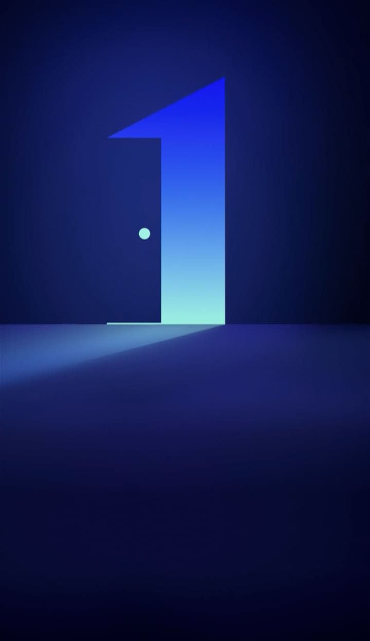 화면 가운데에 문이 있으며, 문이 열리면서 오른쪽으로 문이 이동하고 열린 문 사이로 푸른 빛이 들어온다.  영상을 클릭하면 2026 CES The First Look 라이브 스트리밍 페이지로 이동된다.