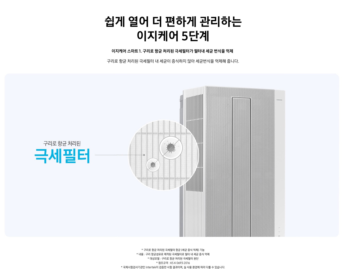 1) 이지케어 스마트 1. 항균구리 극세필터로99.9% 항균 - 창문형 에어컨이 도측 15도 각도로 보여지며 왼쪽에 있는 필터 에서 동그랗게 확대된 모습에 세균의 위로 일자로 그어져 향균구리 극세필터 99.9% 향균이 된다는걸 보여주고 있습니다.