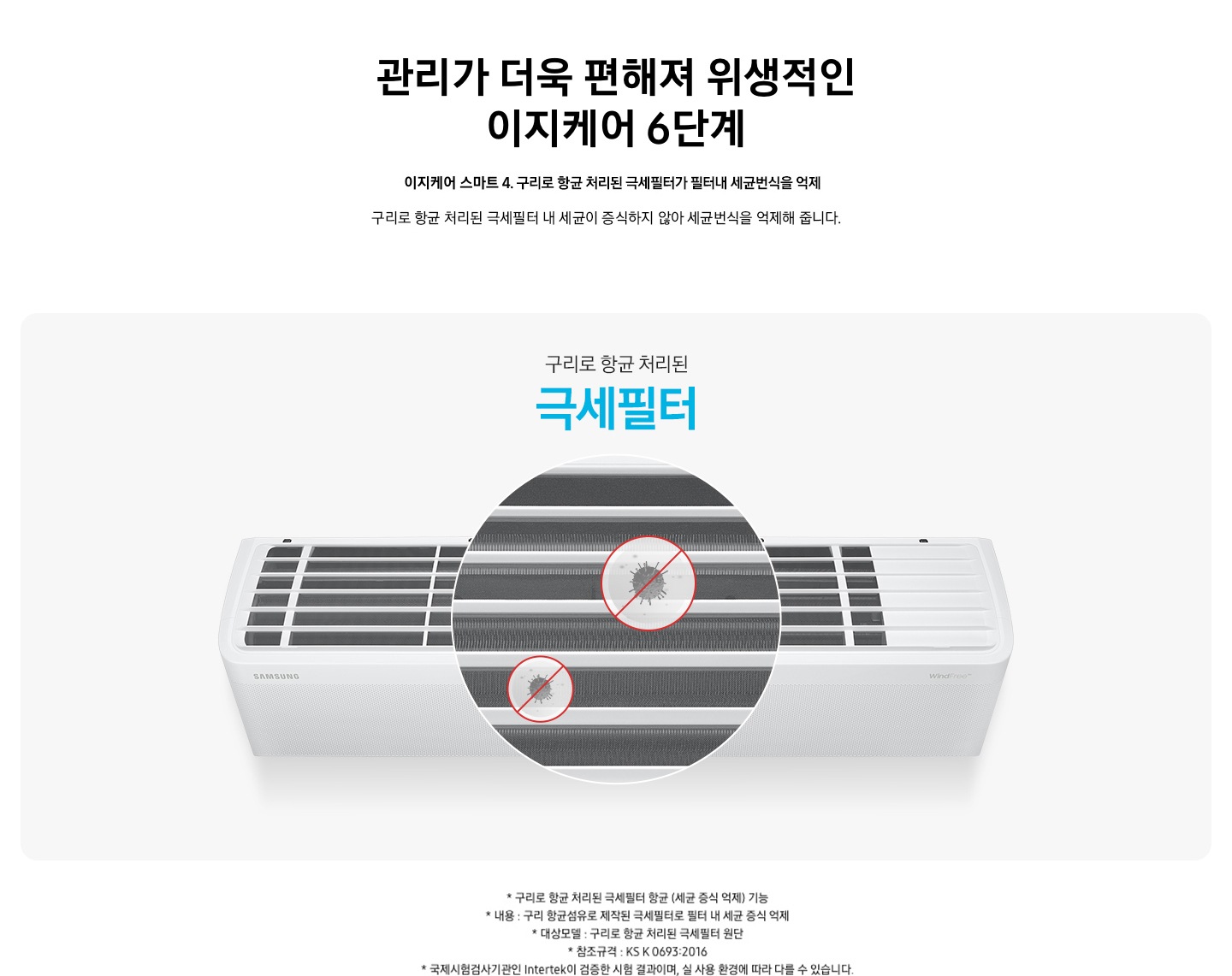 타이틀 관리가 더욱 편해져 위생적인 이지케어 6단계, 서브 타이틀 이지케어 스마트 4. 항균구리 극세필터로 99.9% 항균, 디스크립션 기존 극세필터에 황화구리 성분의 원사를 적용하여 산화가 일어나지 않으면서 강력한 항균 효과를 가집니다. 아래에 항균구리 극세펄터 99.9% 항균 문구과 함께 벽걸이 에어컨 상단 윗 부분이 보여지며, 그 위로 원형으로 필터 상단 부분이 확대되어 보여지며 항균 효과를 보여지는 듯한 모습의 균이 원형으로 빨간색 선으로 한줄 우에서 좌로 그어져 있는 모습이 보여집니다. 하단 설명 글로 * 항균구리 극세필터에서 황색포도상구균, 폐렴간균 99.9 % 증식 억제하며 이는 국제시험기관인 Intertek에서 시험한 결과로 실 사용 환경에 따라 다를 수 있습니다. 실험에 관한 자세한 내용은 페이지 하단을 참고하세요. 보여집니다. 