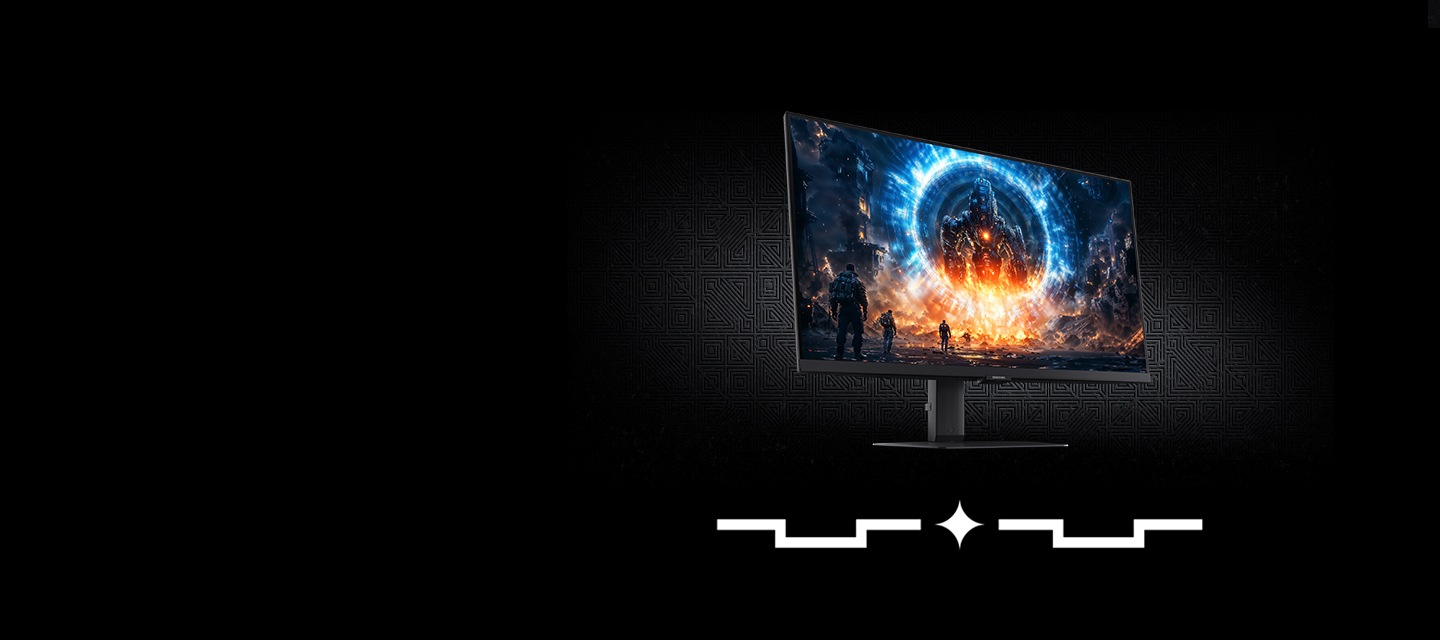 검은 배경에 삼성 오디세이 G6가 측면으로 배치되어 있으며,  제품 인스크린에는 화려한 그래픽이 노출되고 있다.