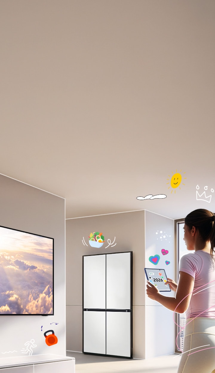 거실 한켠에 갤럭시 Z 폴드7을 들고 있는 여성이 있으며, Z 폴드7 화면에는 2026 숫자가 써있고  여성의 맞은편에는 밝은 태양이 나오는 화면의 Neo QLED TV, 그 우측으로 Bespoke AI 냉장고가 있는 이미지로 클릭 시 '삼닷 설맞이 페스타' 기획전으로 이동합니다