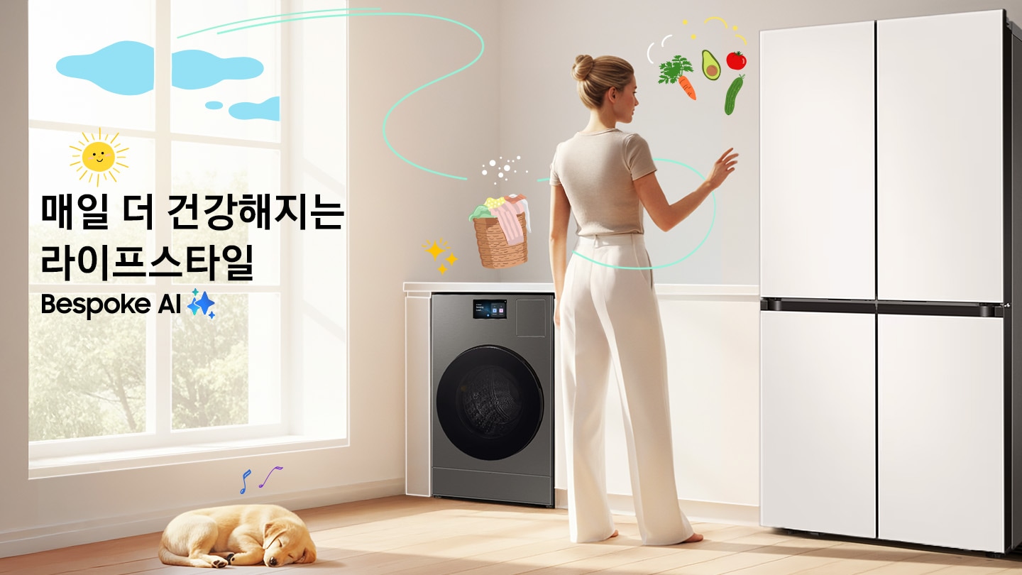 왼쪽에는 Bespoke AI 콤보가 있고 오른쪽에는 Bespoke AI 냉장고가 있으며 그 사이에 여성이 냉장고를 바라보며 서있다. Bespoke AI 콤보 왼쪽에는 AI 로고가 있다. 이미지 클릭 시 냉장고 모두 보기 페이지로 이동한다.