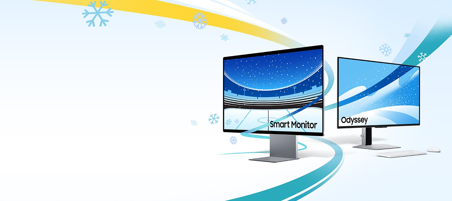 파란색과 노란색 곡선이 교차하는 배경에 눈 결정들이 흩뿌려지고 있고, 그 가운데 배치된 스마트 모니터와 오디세이 제품
