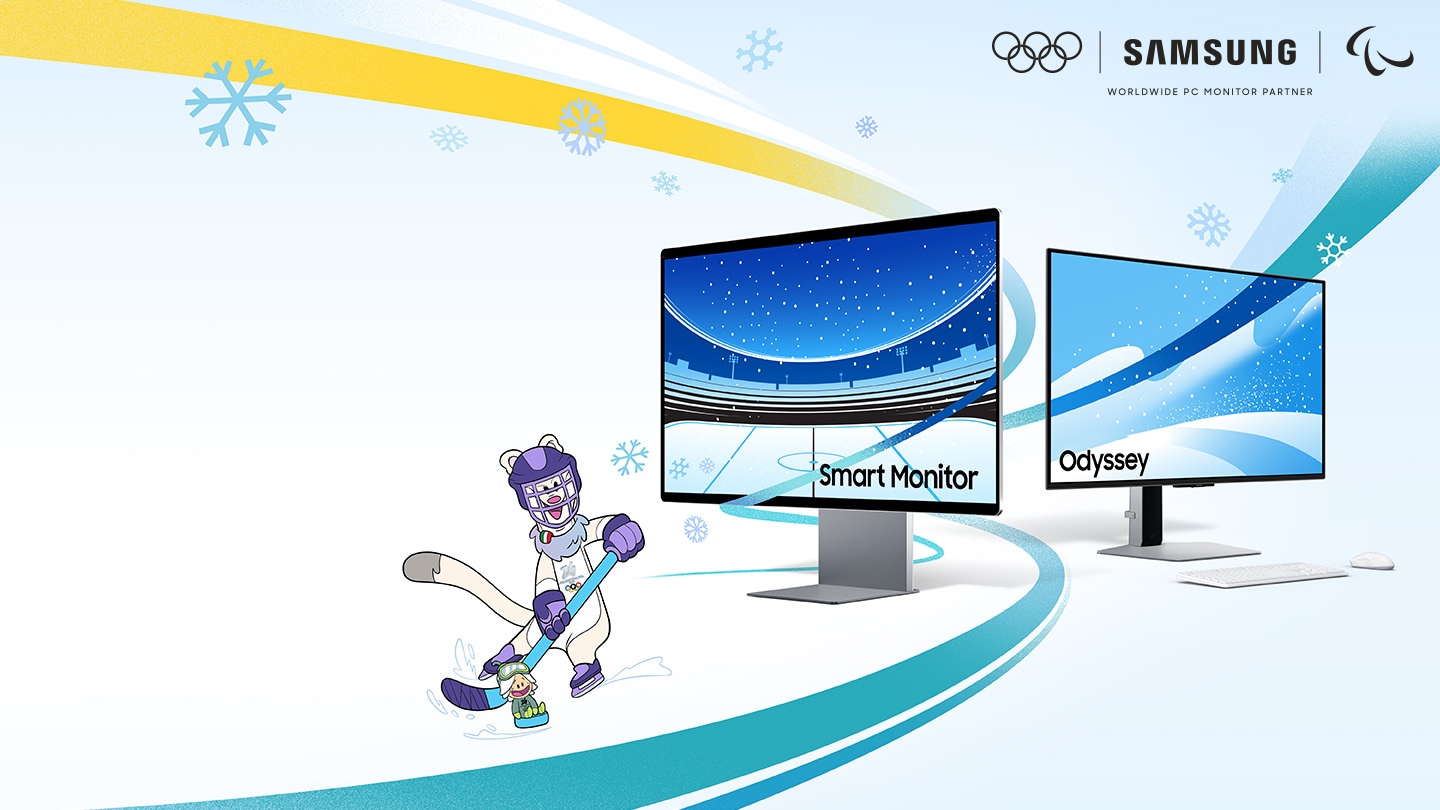 왼쪽에는 스마트모니터, 오른쪽에는 오디세이가 사선으로 나란히 배치되어 있다.  제품 왼쪽에는 동계 올림픽 마스코트가 있으며 이미지 클릭 시 제품 모두 보기 페이지로 이동한다.