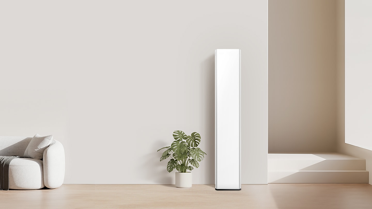 미니멀한 거실 공간에 Bespoke AI 무풍콤보 갤러리 프로가 배치되어 있습니다.  이미지를 클릭하면 에어컨 사전 구매 페이지로 이동됩니다.