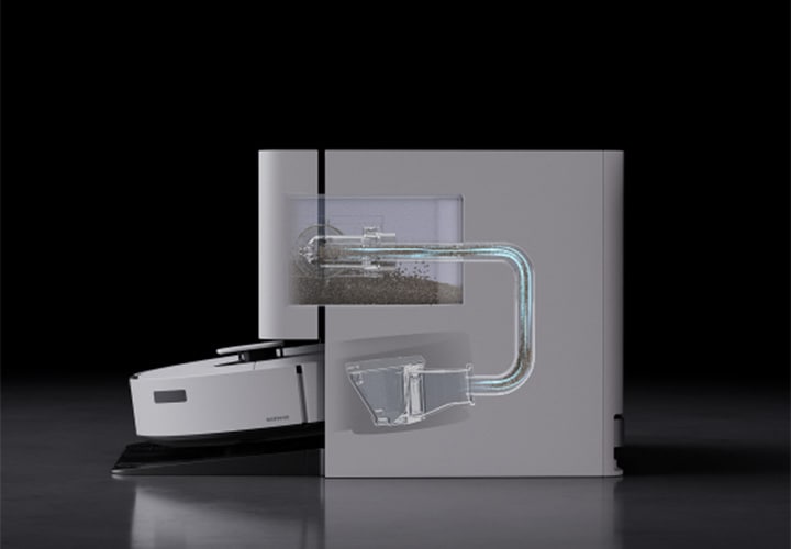 Bespoke AI 스팀 울트라 제품이 자동 급배수 청정스테이션과 함께 결합되어 있는 측면 모습이 있고, Bespoke AI 스팀 울트라의 먼지가 자동 급배수 청정스테이션 내부로 이동하는 모습을 제품 측면을 투영하여 알려주고 있습니다.