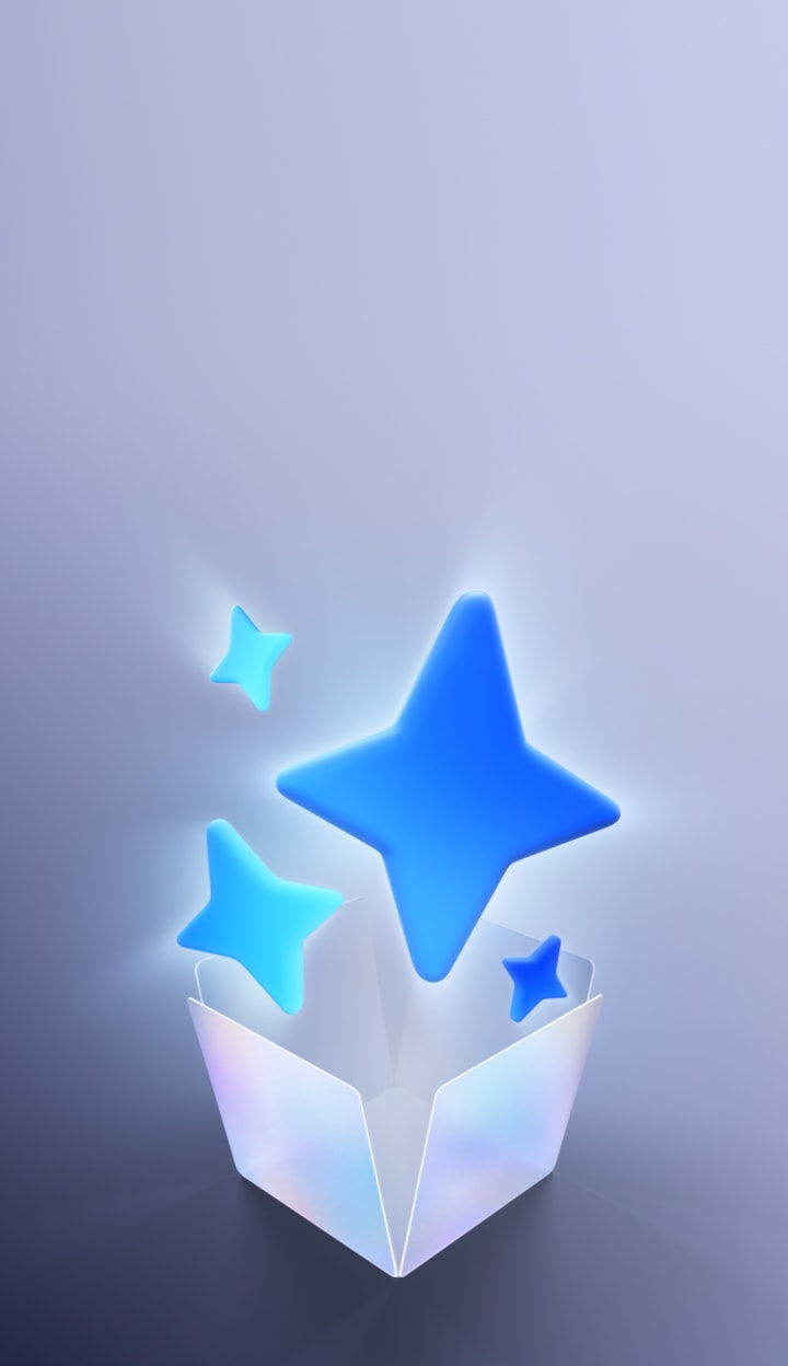 회색 빛깔의 배경 위에 파란 별이 들어있는 투명한 상자. 바닥의 Galaxy AI 글씨 위로 투명한 상자가 움직이고, 투명한 상자에서 파란 별들이 튀어나오고 있다. 이미지 클릭 시 알림신청 페이지로 이동한다.