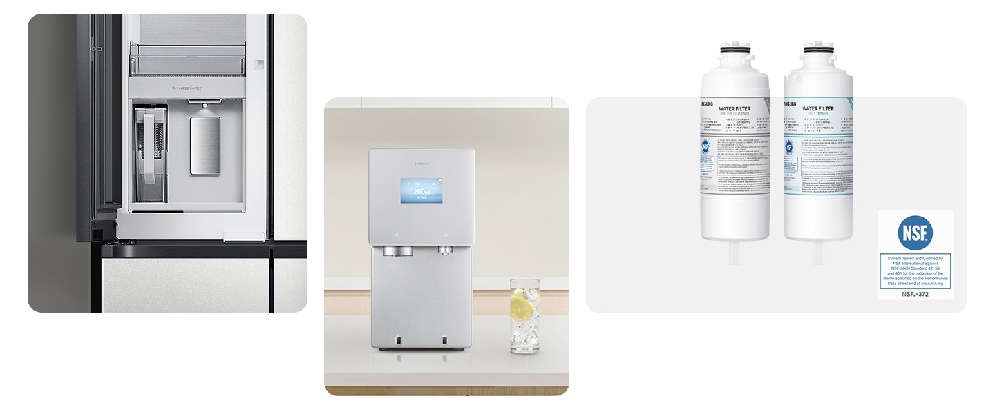 좌측 첫번째 이미지는 냉장고 베버리지 센터 확대컷 입니다. 두번째 이미지는 아일랜드 식탁 위에 설치된 Bespoke AI 얼음정수기입니다. 세번째 이미지는 교체용 4단계 정수필터 2개 모델컷이며 우측 하단에 NSF 인증 마크가 나와있습니다.