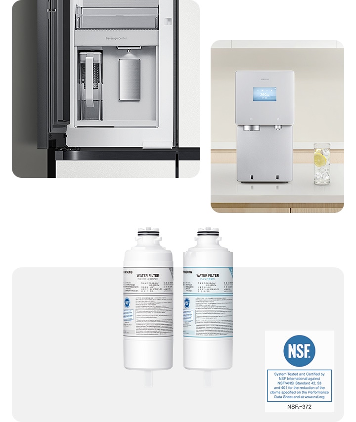 좌측 첫번째 이미지는 냉장고 베버리지 센터 확대컷 입니다. 두번째 이미지는 아일랜드 식탁 위에 설치된 Bespoke AI 얼음정수기입니다. 세번째 이미지는 교체용 4단계 정수필터 2개 모델컷이며 우측 하단에 NSF 인증 마크가 나와있습니다.