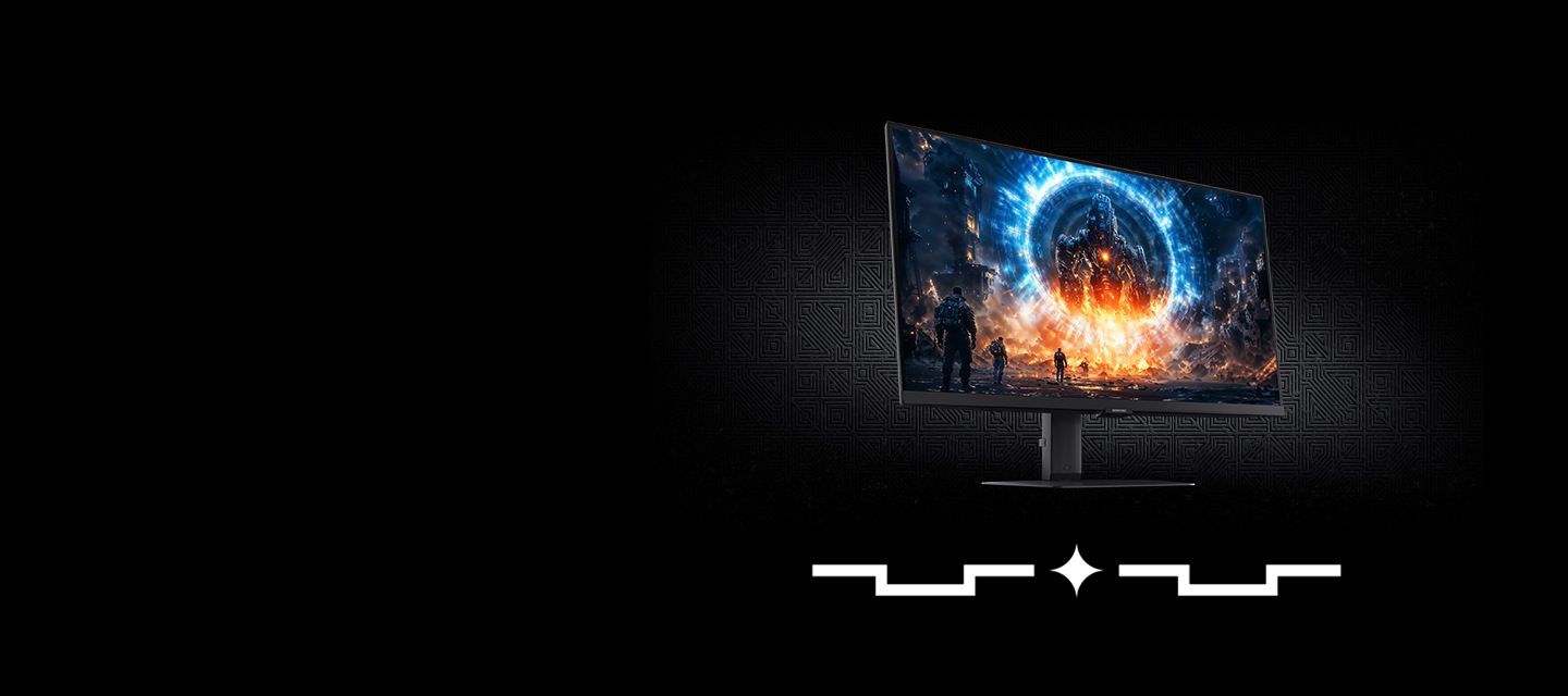 검은 배경에 삼성 오디세이 G6가 측면으로 배치되어 있으며,  제품 인스크린에는 화려한 그래픽이 노출되고 있다.