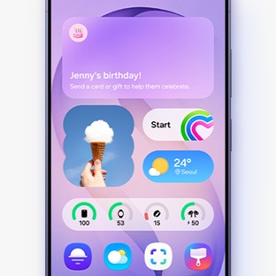 보라색 배경의 모바일 화면 위 여러 어플 및 위젯이 나열된