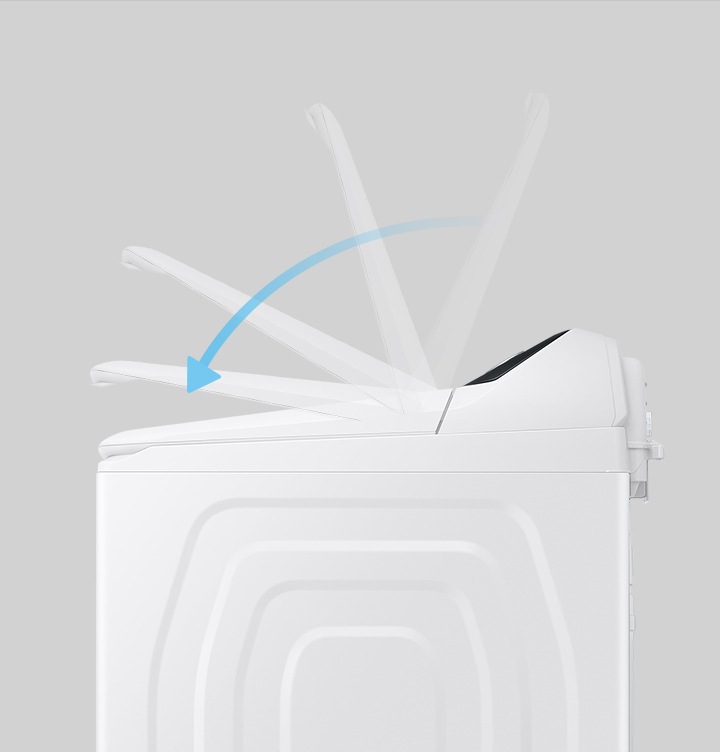 이미지는 세탁기의 우측단면을 보여줍니다. 세탁기의 뚜껑이 위에서 아래로 닫히는 과정을 1장의 이미지로 표현하고있습니다. 화살표를 통해 세탁기의 도어문이 부드럽게 닫히는 모습을 보여줍니다.