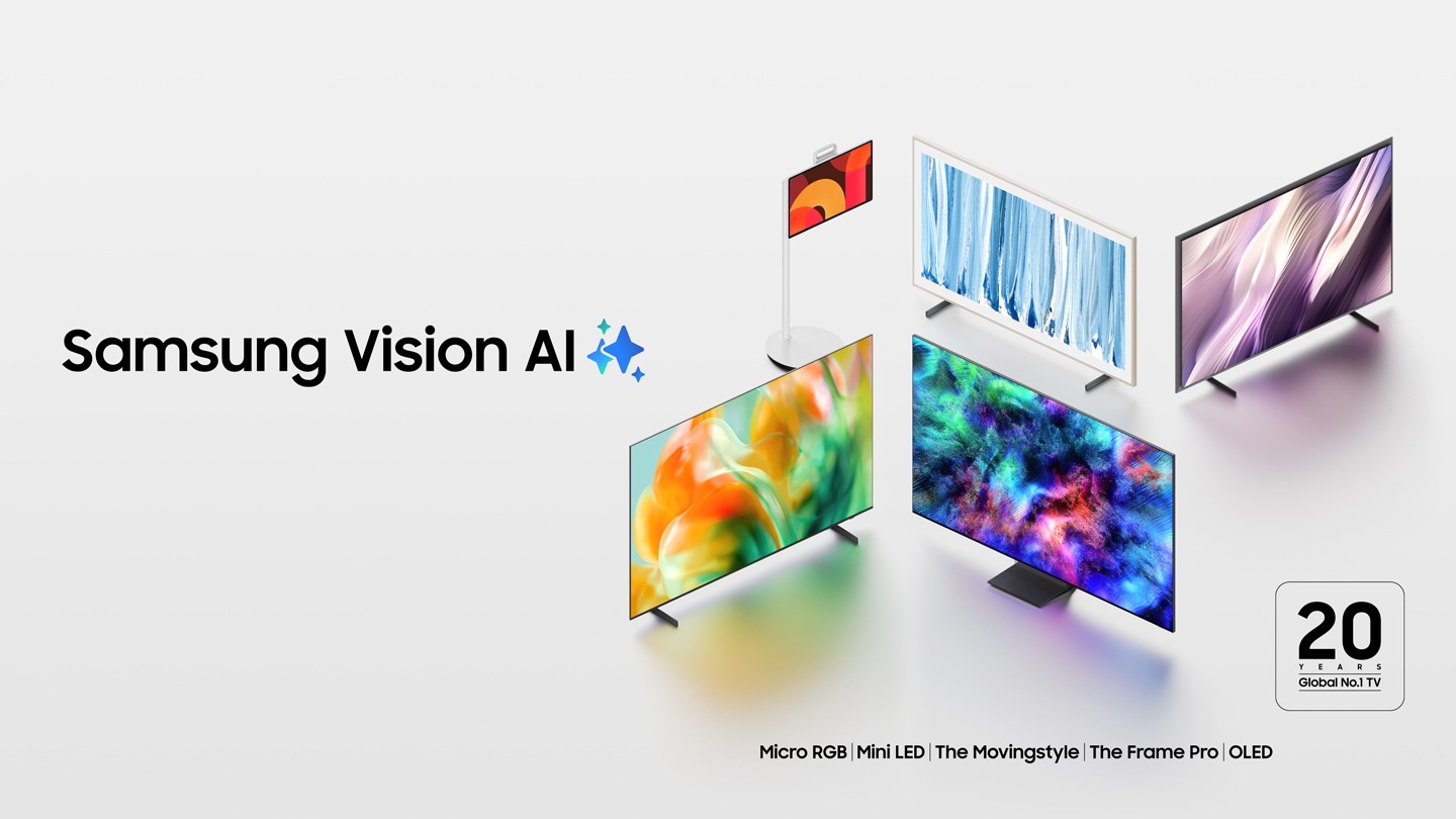 지그재그로 배치된 삼성 TV 5종(Micro RGB, Mini LED, The Movingstyle, The Frame Pro, OLED). 화면에는 각기 다른 추상적 디자인이 띄워져 있으며, Samsung Vision AI 로고와 20년 연속 세계 판매 1위 로고가 함께 노출되고 있다.  이미지 클릭 시 TV 제품 모두 보기 페이지로 이동한다.