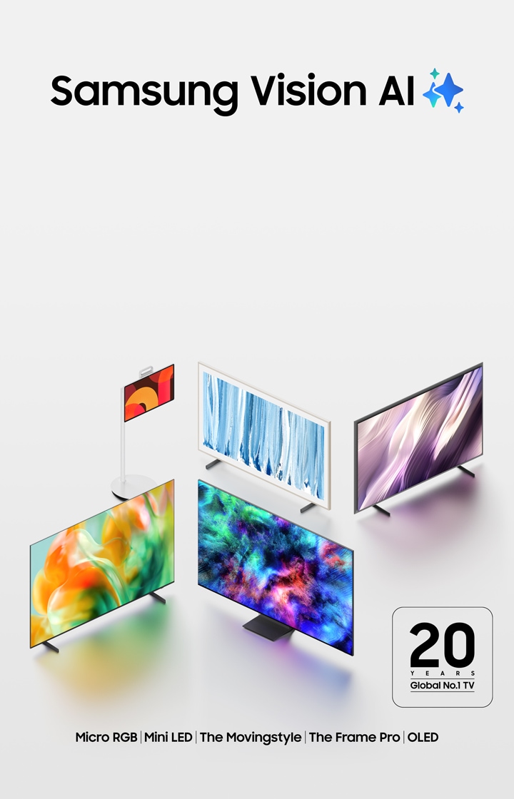 지그재그로 배치된 삼성 TV 5종(Micro RGB, Mini LED, The Movingstyle, The Frame Pro, OLED). 화면에는 각기 다른 추상적 디자인이 띄워져 있으며, Samsung Vision AI 로고와 20년 연속 세계 판매 1위 로고가 함께 노출되고 있다.  이미지 클릭 시 TV 제품 모두 보기 페이지로 이동한다.
