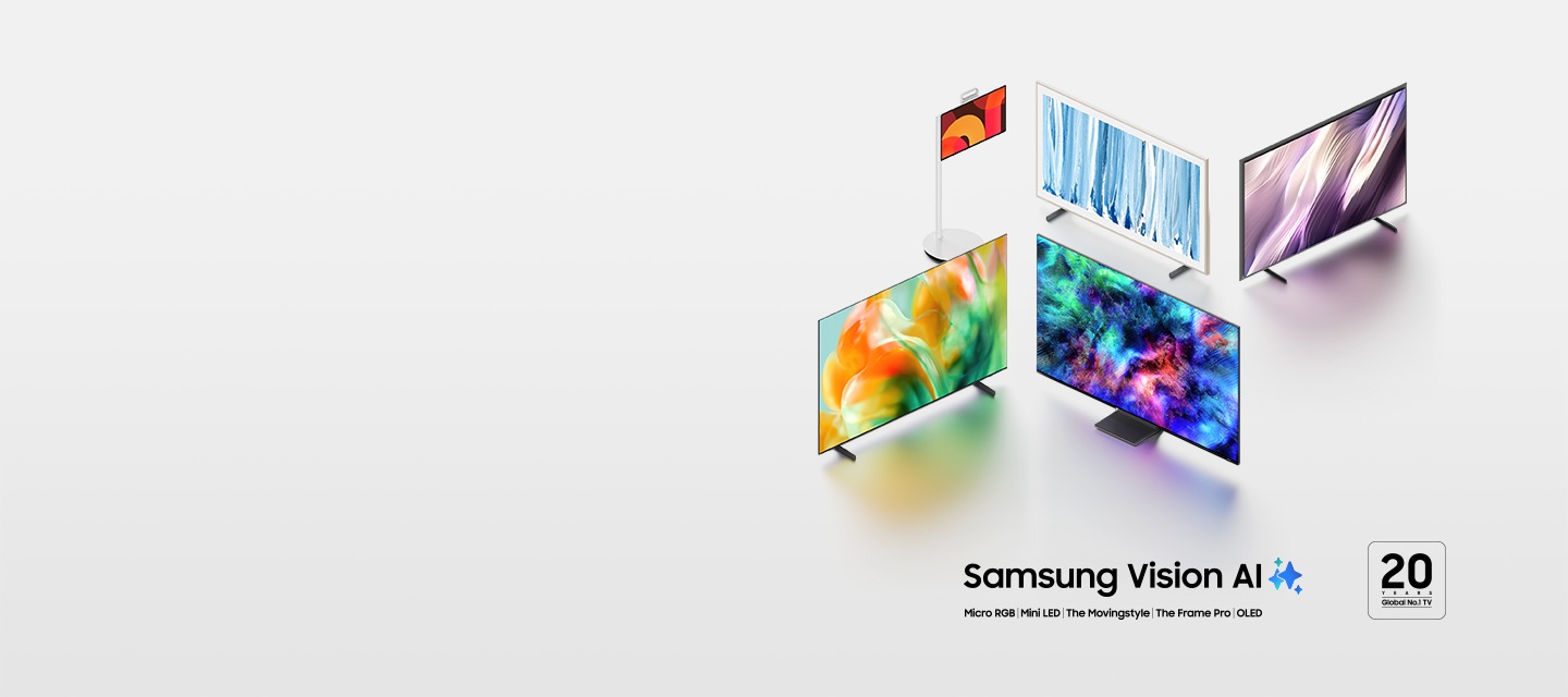 Samsung Vision AI 로고와 함께 다양한 삼성 TV 제품(스탠드형, 액자형, 이동형 등)이 서로 다른 화면 이미지를 보여주며 배열된 프로모션 이미지. 하단에는 “Micro RGB, Mini LED, The MovingStyle, The Frame Pro, OLED” 문구와 “20 Global No.1 TV” 배지가 표시됨.