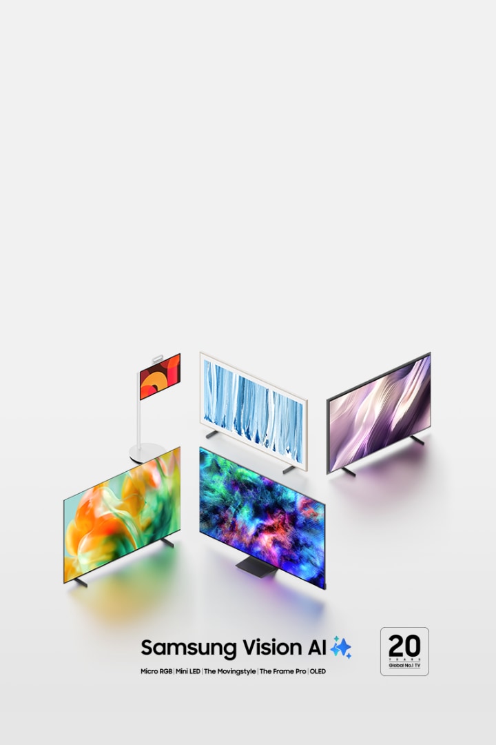 Samsung Vision AI 로고와 함께 다양한 삼성 TV 제품(스탠드형, 액자형, 이동형 등)이 서로 다른 화면 이미지를 보여주며 배열된 프로모션 이미지. 하단에는 “Micro RGB, Mini LED, The MovingStyle, The Frame Pro, OLED” 문구와 “20 Global No.1 TV” 배지가 표시됨.