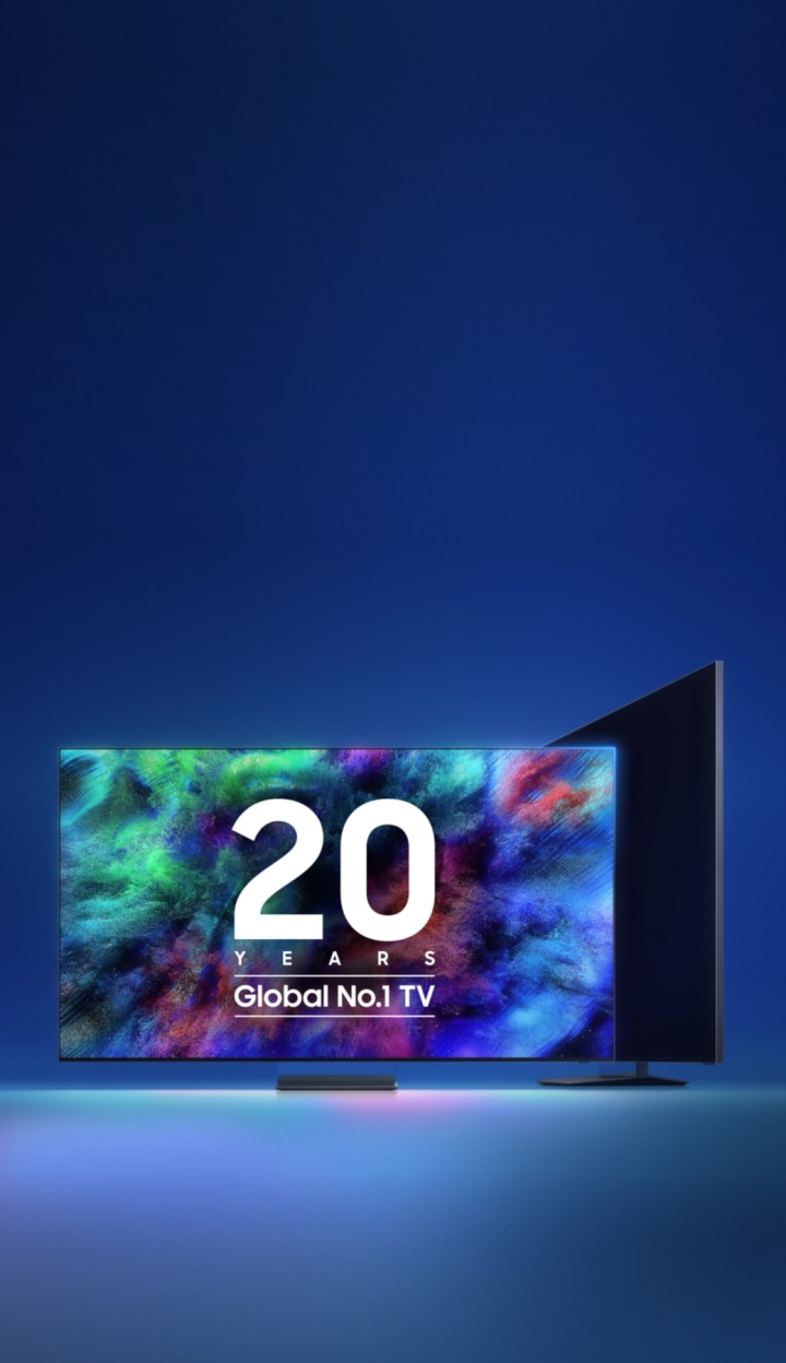 검은색 배경에 TV 실루엣이 있으며, 그 옆으로는 빨간색과 파란색, 흰색 그라데이션의 숫자 1이 세워져 있습니다. 1 앞으로는 붉은빛 그림자가 나타나고 있으며, 이후 밝아지며 TV 화면에는 다양한 색상의 이미지와 함께 ‘20 YEARS Global No.1 TV’ 로고가 중앙에 표시됩니다.