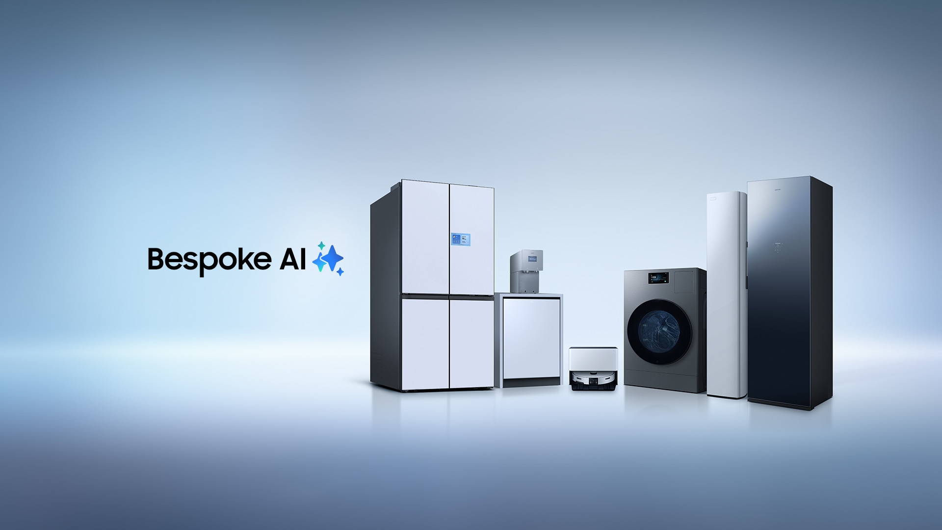 파란색 배경을 바탕으로 에어드레서, 에어컨, 세탁기, 로봇 청소기, 식기세척기, 정수기, 냉장고 등 7대의 Bespoke AI 가전이 있다. 이미지 클릭 시 Bespoke AI 냉장고 제품 모두 보기 페이지로 이동한다.