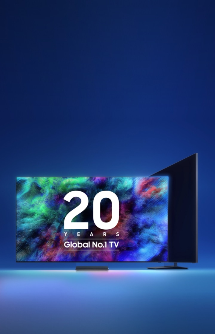 검은색 배경에 TV 실루엣이 있으며, 그 옆으로는 빨간색과 파란색, 흰색 그라데이션의 숫자 1이 세워져 있습니다. 1 앞으로는 붉은빛 그림자가 나타나고 있으며, 이후 밝아지며 TV 화면에는 다양한 색상의 이미지와 함께 ‘20 YEARS Global No.1 TV’ 로고가 중앙에 표시됩니다. 비디오를  클릭하면 TV 기획전 페이지로 이동합니다.
