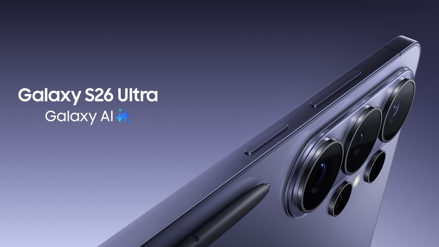 갤럭시 S26 울트라의 상단 부분이 보이고, Galaxy S26 Ultra 제품명과 Galaxy AI 사별 로고가 왼쪽에 보인다. 이미지를 클릭하면 갤럭시 S26 울트라 구매 페이지로 이동한다.