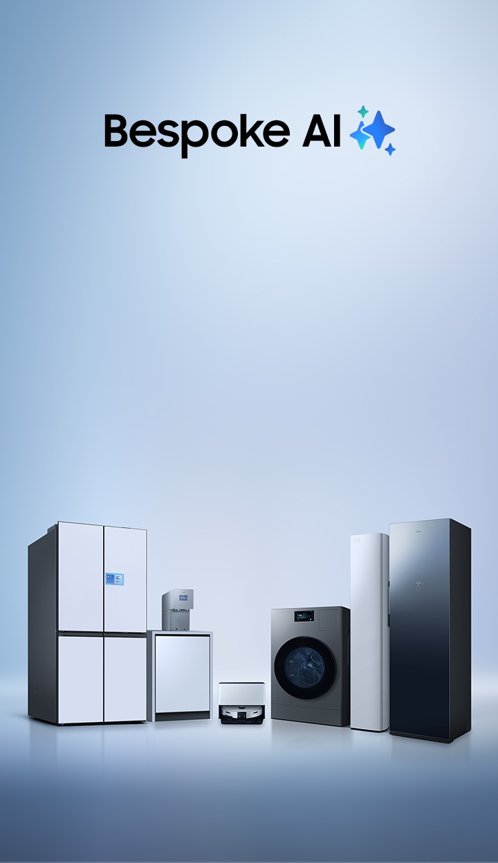파란색 배경을 바탕으로 에어드레서, 에어컨, 세탁기, 로봇 청소기, 식기세척기, 정수기, 냉장고 등 7대의 Bespoke AI 가전이 있다. 이미지 클릭 시 Bespoke AI 냉장고 제품 모두 보기 페이지로 이동한다.